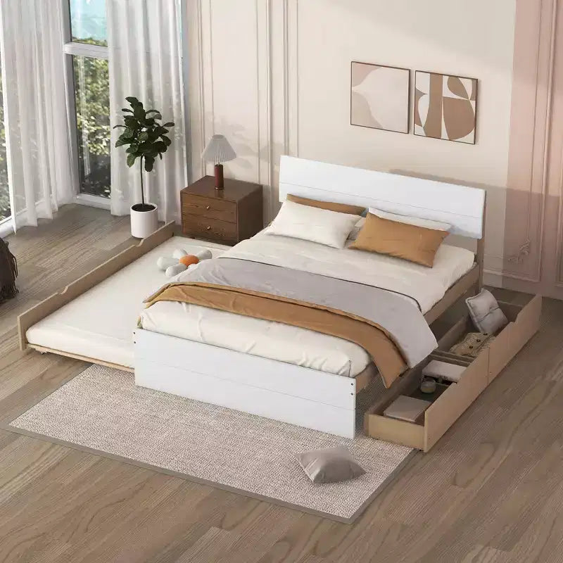 Cadre de lit double en bois massif robuste avec lit gigogne simple et 2 tiroirs de rangement, sans sommier tapissier requis, lit gigogne pour chambre à coucher, chambre d'amis ou petit espace.