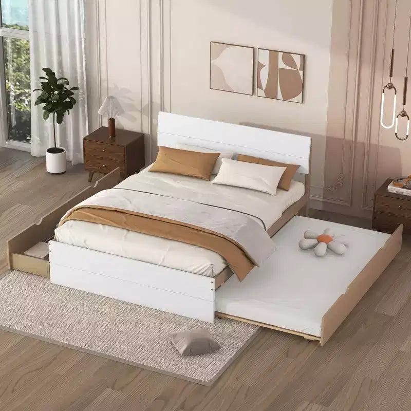 Cadre de lit double en bois massif robuste avec lit gigogne simple et 2 tiroirs de rangement, sans sommier tapissier requis, lit gigogne pour chambre à coucher, chambre d'amis ou petit espace.