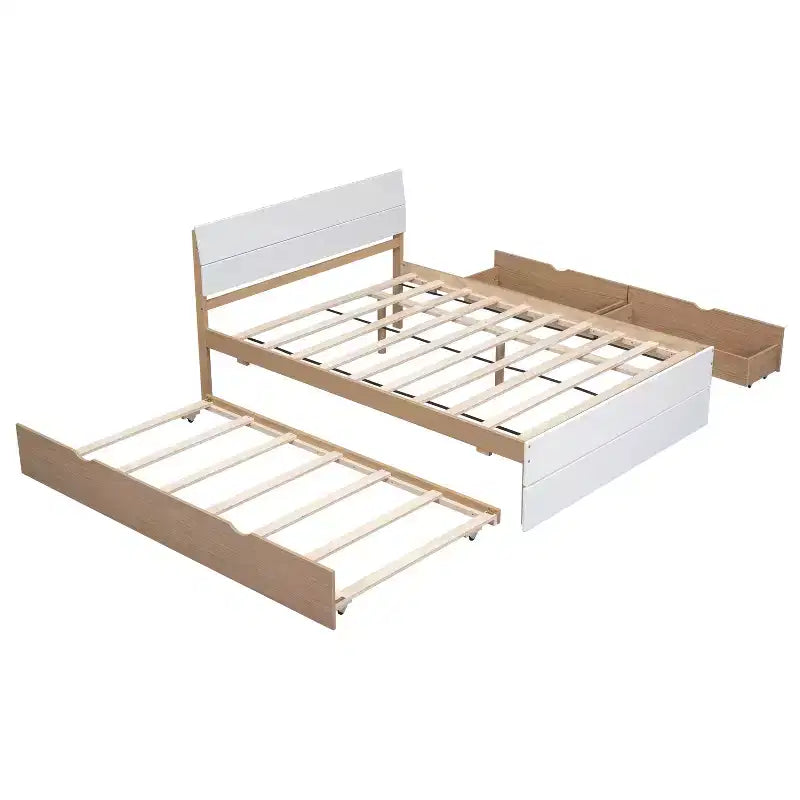 Cadre de lit double en bois massif robuste avec lit gigogne simple et 2 tiroirs de rangement, sans sommier tapissier requis, lit gigogne pour chambre à coucher, chambre d'amis ou petit espace.
