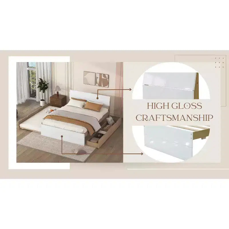 Cadre de lit double en bois massif robuste avec lit gigogne simple et 2 tiroirs de rangement, sans sommier tapissier requis, lit gigogne pour chambre à coucher, chambre d'amis ou petit espace.