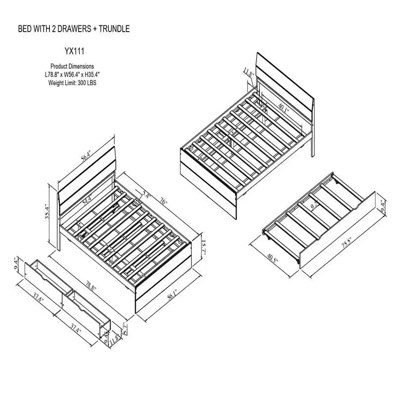 Cadre de lit double en bois massif robuste avec lit gigogne simple et 2 tiroirs de rangement, sans sommier tapissier requis, lit gigogne pour chambre à coucher, chambre d'amis ou petit espace.