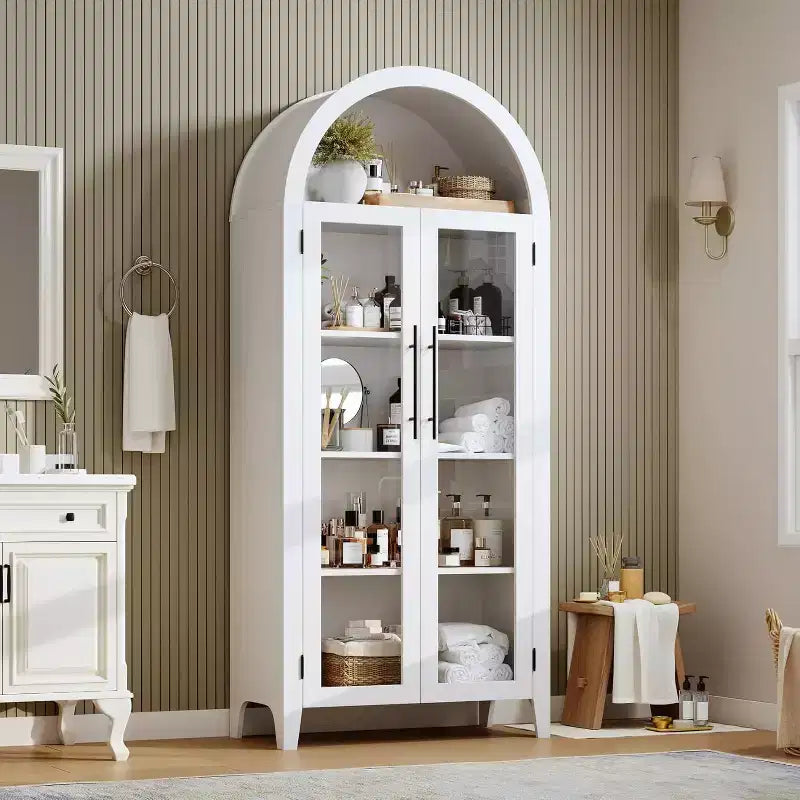 Meuble de cuisine à arcades - Étagère de présentation de ferme à 5 niveaux avec étagère réglable et 2 grandes portes en verre, placard de rangement polyvalent