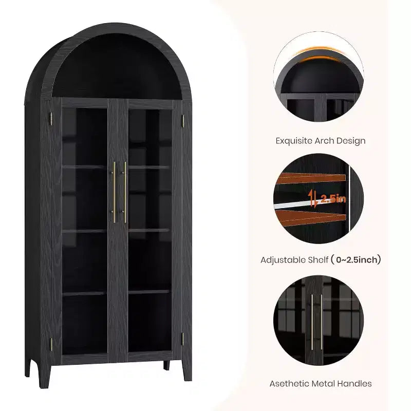 Meuble de cuisine à arcades - Étagère de présentation de ferme à 5 niveaux avec étagère réglable et 2 grandes portes en verre, placard de rangement polyvalent