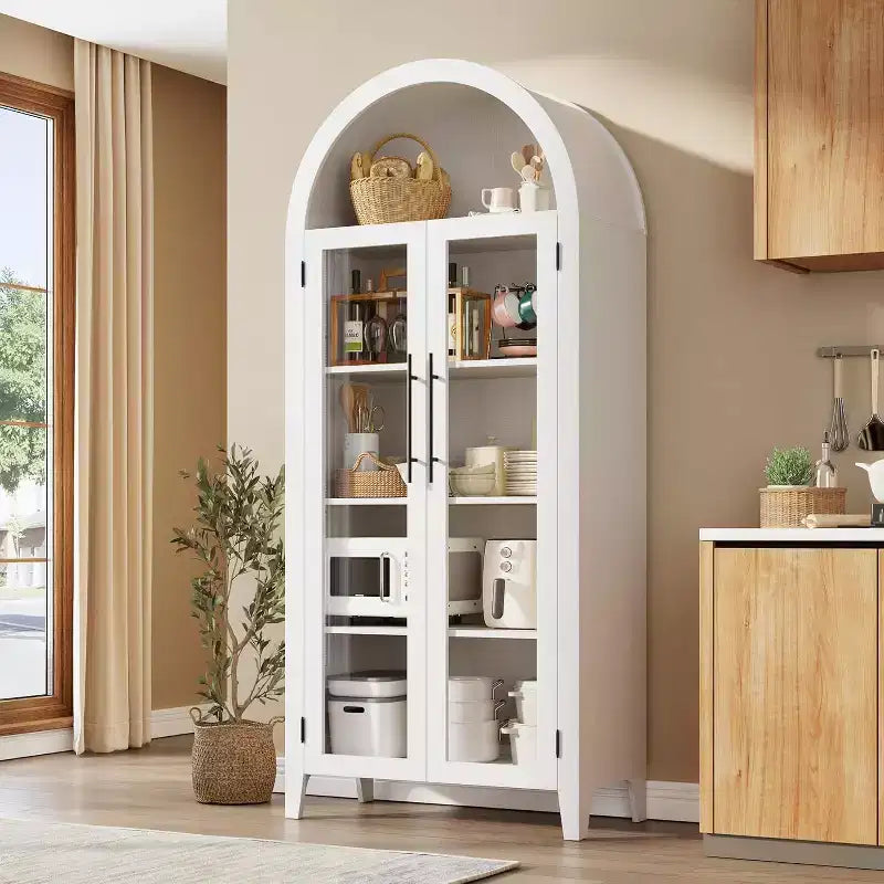 Meuble de cuisine à arcades - Étagère de présentation de ferme à 5 niveaux avec étagère réglable et 2 grandes portes en verre, placard de rangement polyvalent