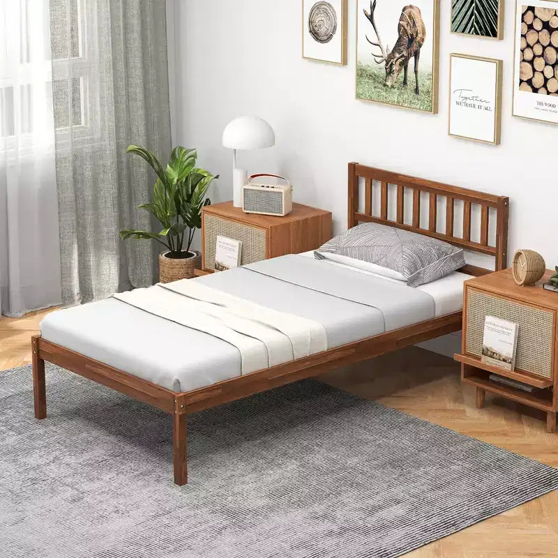 Lit plateforme Costway double/complet/grand avec tête de lit, pieds en bois massif, sommier, noyer