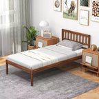 Lit plateforme Costway double/complet/grand avec tête de lit, pieds en bois massif, sommier, noyer