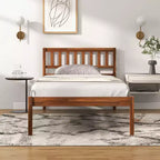 Lit plateforme Costway double/complet/grand avec tête de lit, pieds en bois massif, sommier, noyer
