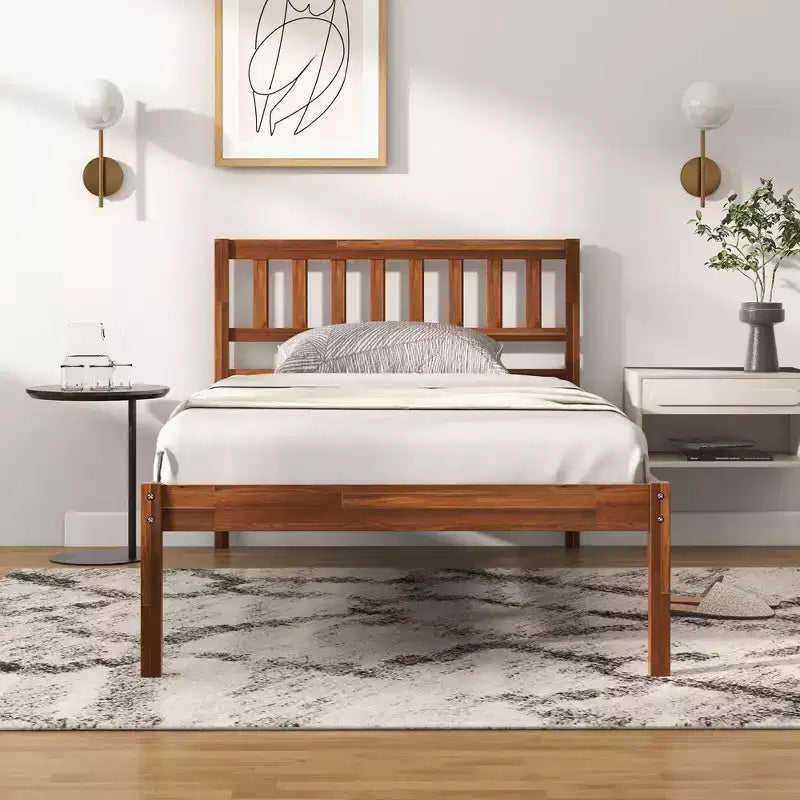 Lit plateforme Costway double/complet/grand avec tête de lit, pieds en bois massif, sommier, noyer