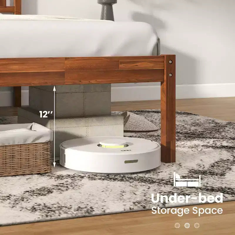 Lit plateforme Costway double/complet/grand avec tête de lit, pieds en bois massif, sommier, noyer