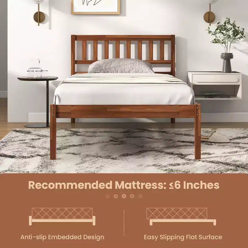 Lit plateforme Costway double/complet/grand avec tête de lit, pieds en bois massif, sommier, noyer