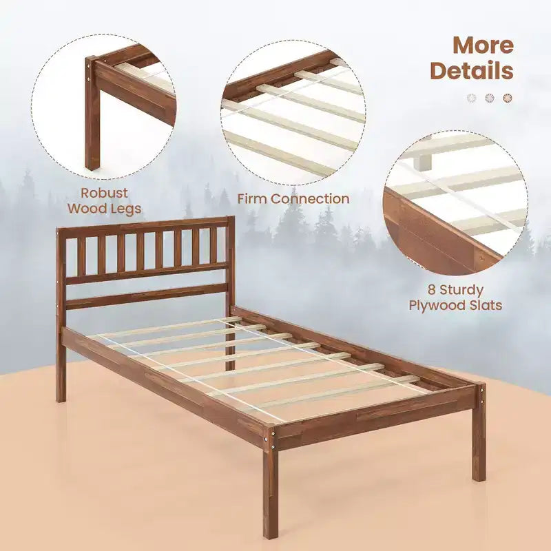 Lit plateforme Costway double/complet/grand avec tête de lit, pieds en bois massif, sommier, noyer