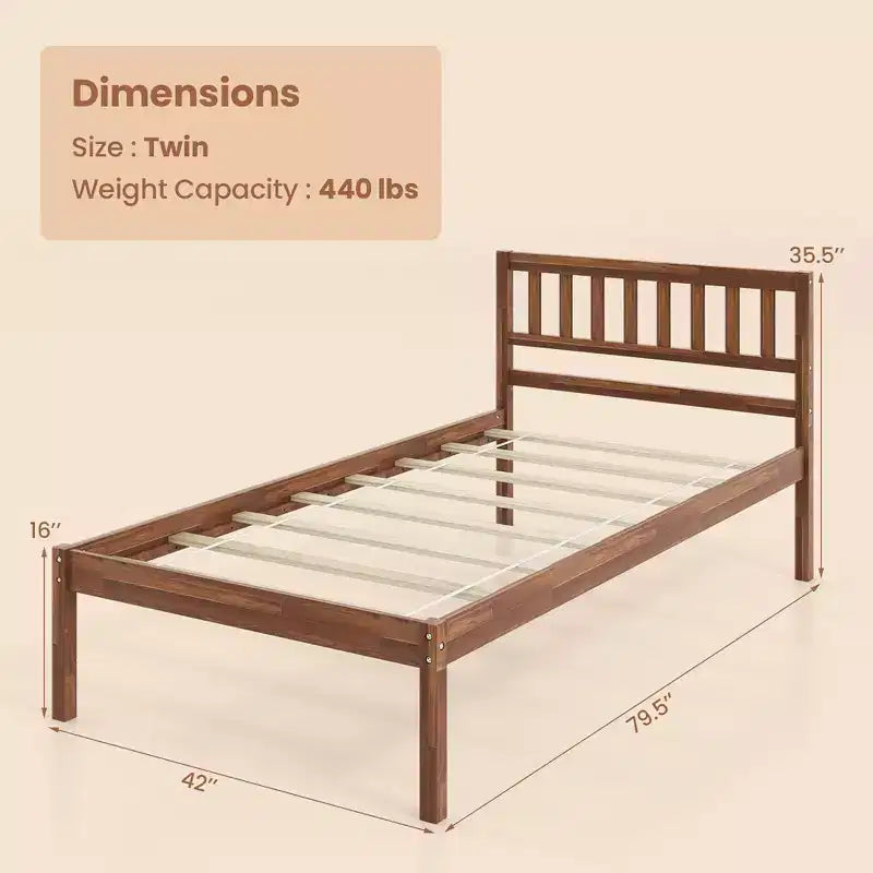 Lit plateforme Costway double/complet/grand avec tête de lit, pieds en bois massif, sommier, noyer