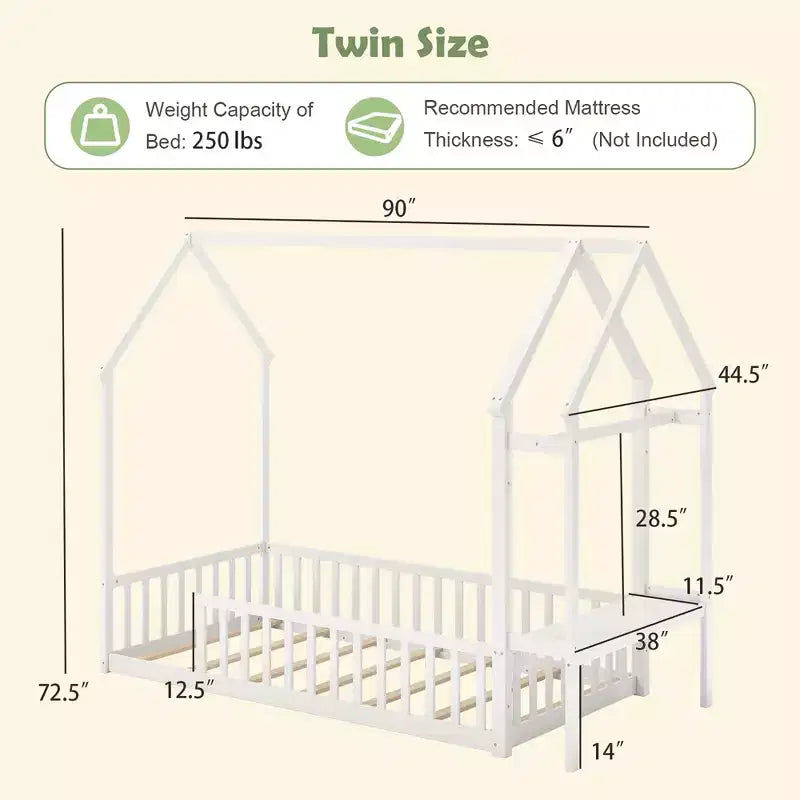 Lit cabane simple Costway avec étagère de rangement et barrières détachables pour suspendre les vêtements