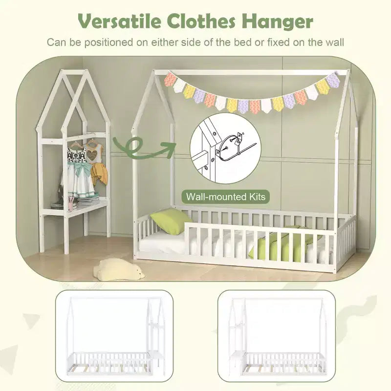 Lit cabane simple Costway avec étagère de rangement et barrières détachables pour suspendre les vêtements