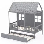 Costway Twin Size House Bed with Trundle Fence Decoration Wooden Windows Tall Roof Gray