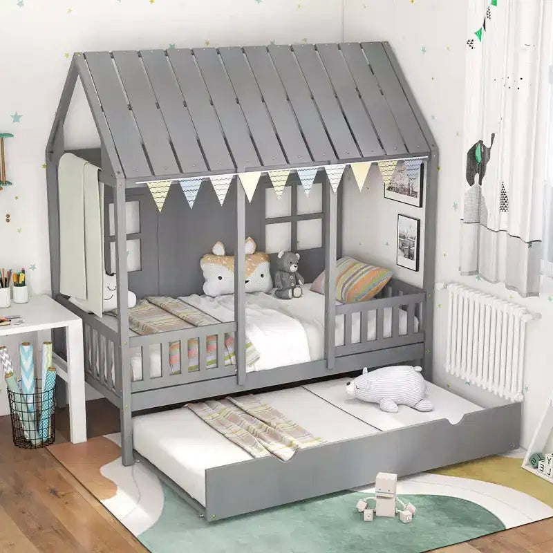 Lit cabane double Costway avec lit gigogne, décoration de clôture, fenêtres en bois, toit haut gris