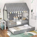 Lit cabane double Costway avec lit gigogne, décoration de clôture, fenêtres en bois, toit haut gris