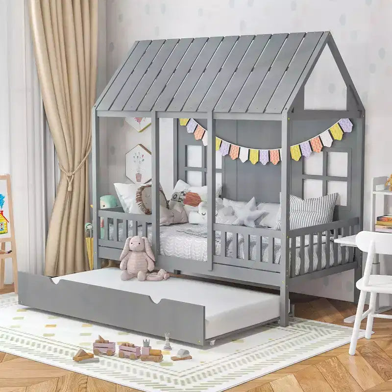 Lit cabane double Costway avec lit gigogne, décoration de clôture, fenêtres en bois, toit haut gris