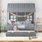 Lit cabane double Costway avec lit gigogne, décoration de clôture, fenêtres en bois, toit haut gris