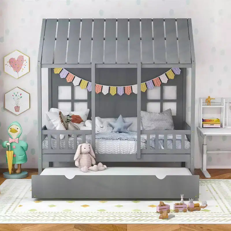 Lit cabane double Costway avec lit gigogne, décoration de clôture, fenêtres en bois, toit haut gris