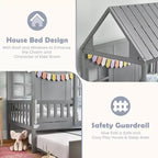 Lit cabane double Costway avec lit gigogne, décoration de clôture, fenêtres en bois, toit haut gris