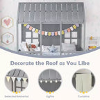 Lit cabane double Costway avec lit gigogne, décoration de clôture, fenêtres en bois, toit haut gris