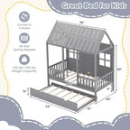 Lit cabane double Costway avec lit gigogne, décoration de clôture, fenêtres en bois, toit haut gris