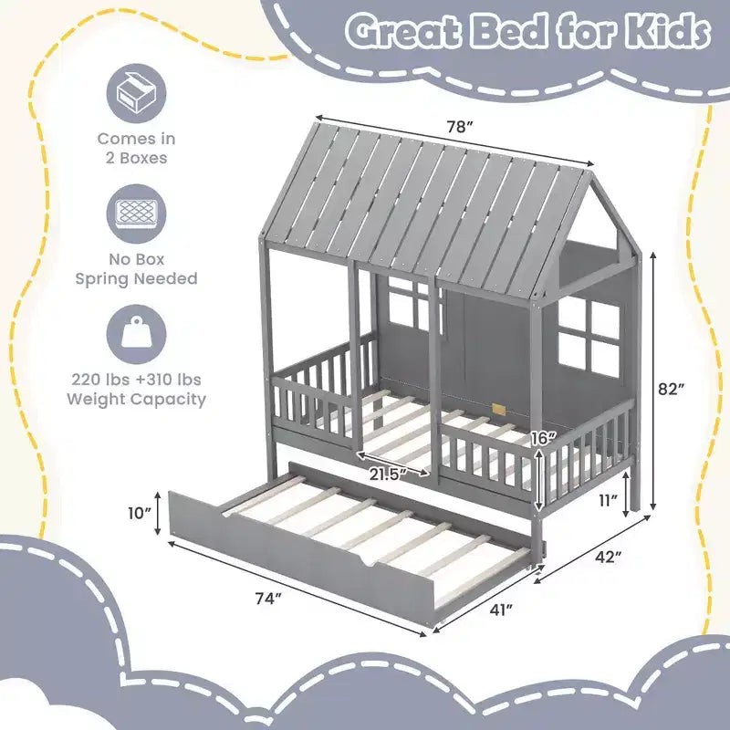Lit cabane double Costway avec lit gigogne, décoration de clôture, fenêtres en bois, toit haut gris