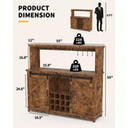 55" Meuble de bar à café de ferme avec lumières - Grand buffet avec portes coulissantes, étagère à vin, étagères réglables pour cuisine, salle à manger