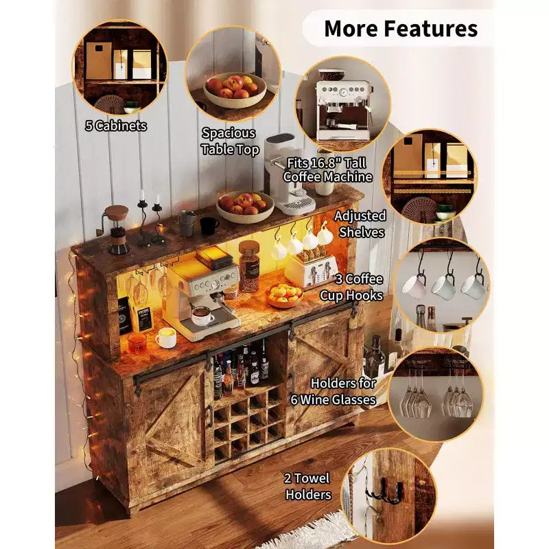 55" Meuble de bar à café de ferme avec lumières - Grand buffet avec portes coulissantes, étagère à vin, étagères réglables pour cuisine, salle à manger