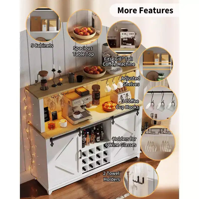 55" Meuble de bar à café de ferme avec lumières - Grand buffet avec portes coulissantes, étagère à vin, étagères réglables pour cuisine, salle à manger