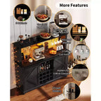 55" Meuble de bar à café de ferme avec lumières - Grand buffet avec portes coulissantes, étagère à vin, étagères réglables pour cuisine, salle à manger