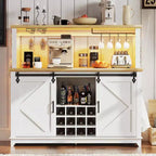 55" Meuble de bar à café de ferme avec lumières - Grand buffet avec portes coulissantes, étagère à vin, étagères réglables pour cuisine, salle à manger