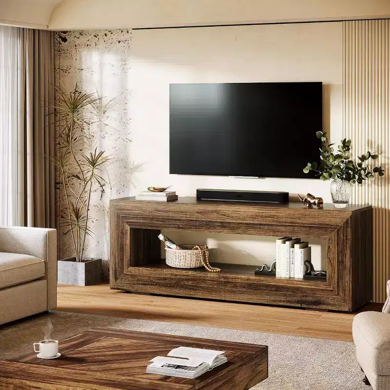 Meuble TV Lantine 63 pour téléviseurs 55/60/65/75 pouces, console TV à 2 niveaux, console média, centre de divertissement pour salon, chambre à coucher