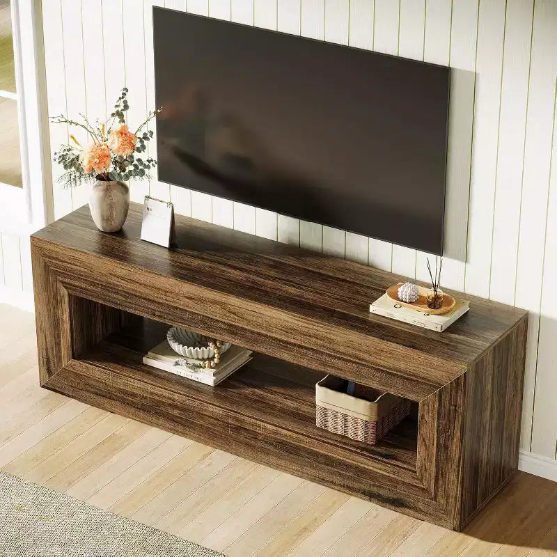 Meuble TV Lantine 63 pour téléviseurs 55/60/65/75 pouces, console TV à 2 niveaux, console média, centre de divertissement pour salon, chambre à coucher