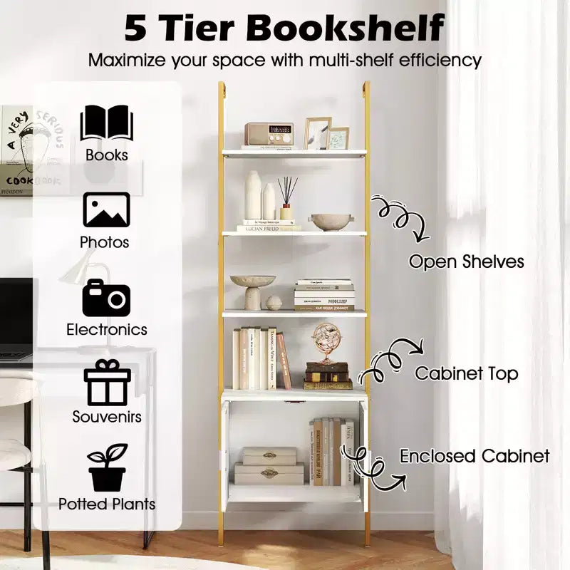 Costway Lot de 2 bibliothèques murales en échelle à 5 niveaux de 184 cm de haut avec armoire