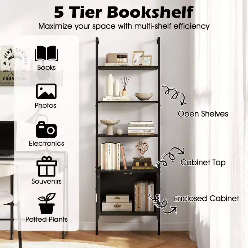 Costway Lot de 2 bibliothèques murales en échelle à 5 niveaux de 184 cm de haut avec armoire