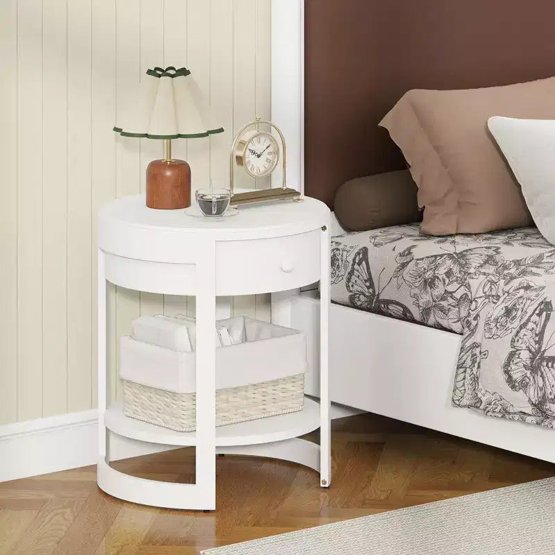 Table de chevet Costway à 2 niveaux avec étagère et tiroir en grain de bois rond blanc/marron