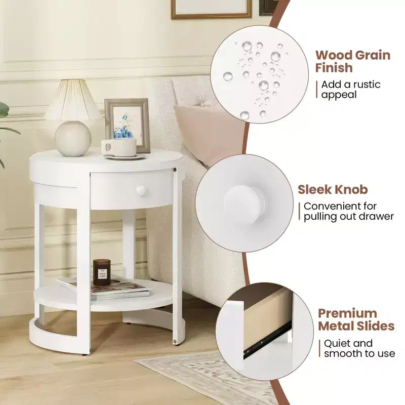 Table de chevet Costway à 2 niveaux avec étagère et tiroir en grain de bois rond blanc/marron
