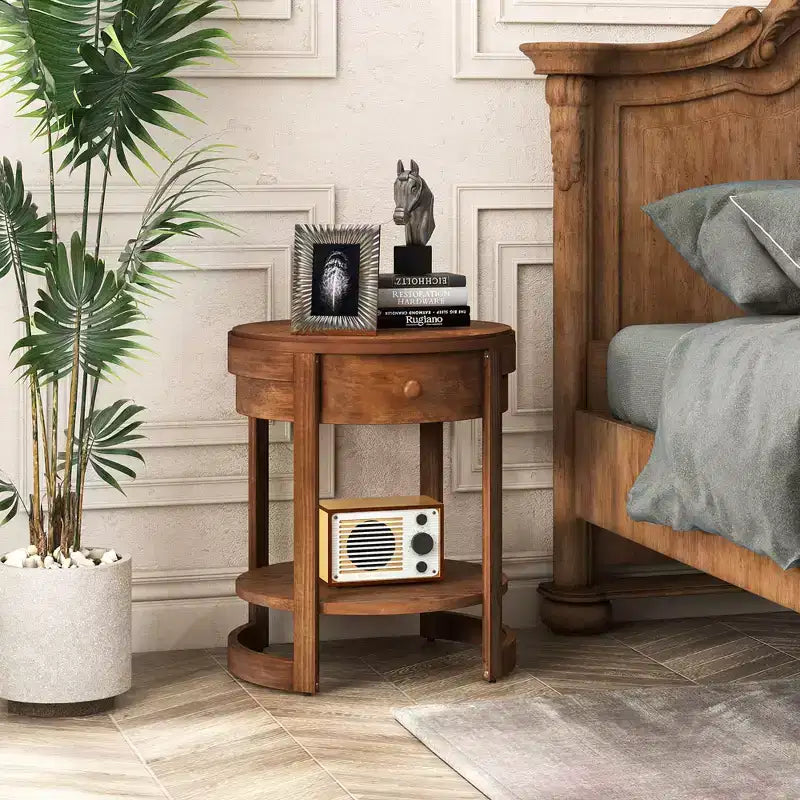 Table de chevet Costway à 2 niveaux avec étagère et tiroir en grain de bois rond blanc/marron