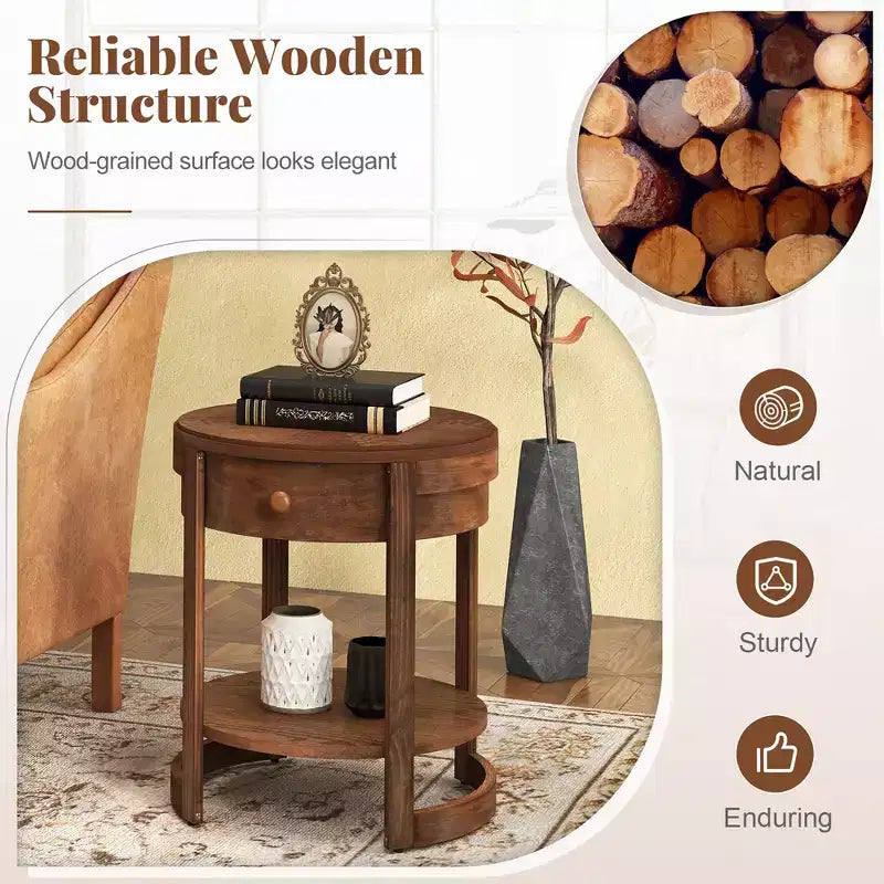 Table de chevet Costway à 2 niveaux avec étagère et tiroir en grain de bois rond blanc/marron