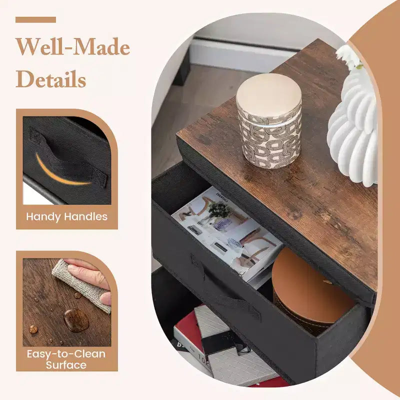Costway Table de Chevet en Tissu avec 2 Tiroirs, Table de Nuit, Petite Commode pour Chambre à Coucher, Salon - Lot de 2