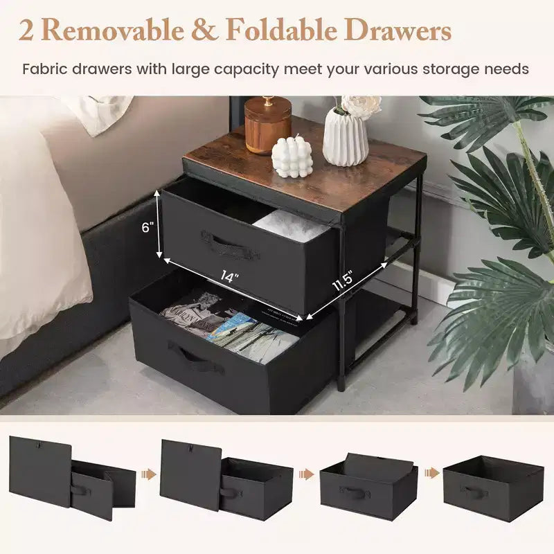 Costway Table de Chevet en Tissu avec 2 Tiroirs, Table de Nuit, Petite Commode pour Chambre à Coucher, Salon - Lot de 2