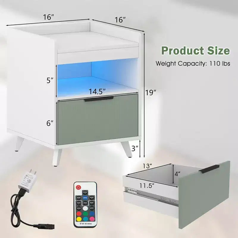 Table de chevet moderne Costway avec lumières LED, compartiment ouvert et tiroir