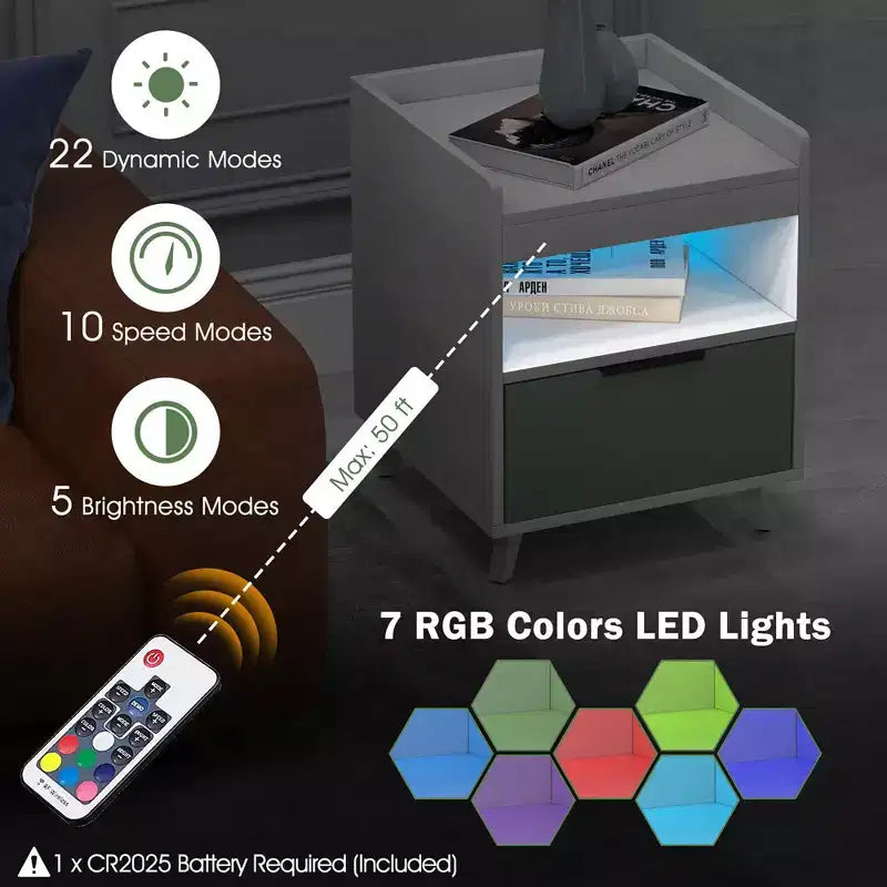 Table de chevet moderne Costway avec lumières LED, compartiment ouvert et tiroir