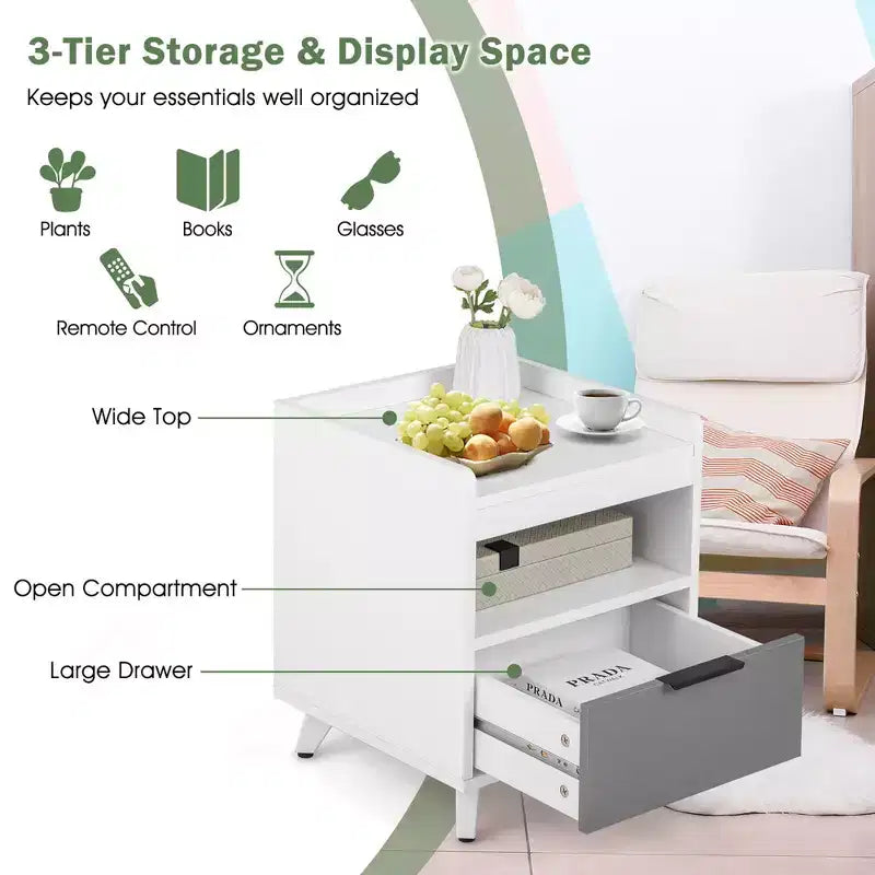 Table de chevet moderne Costway avec lumières LED, compartiment ouvert et tiroir