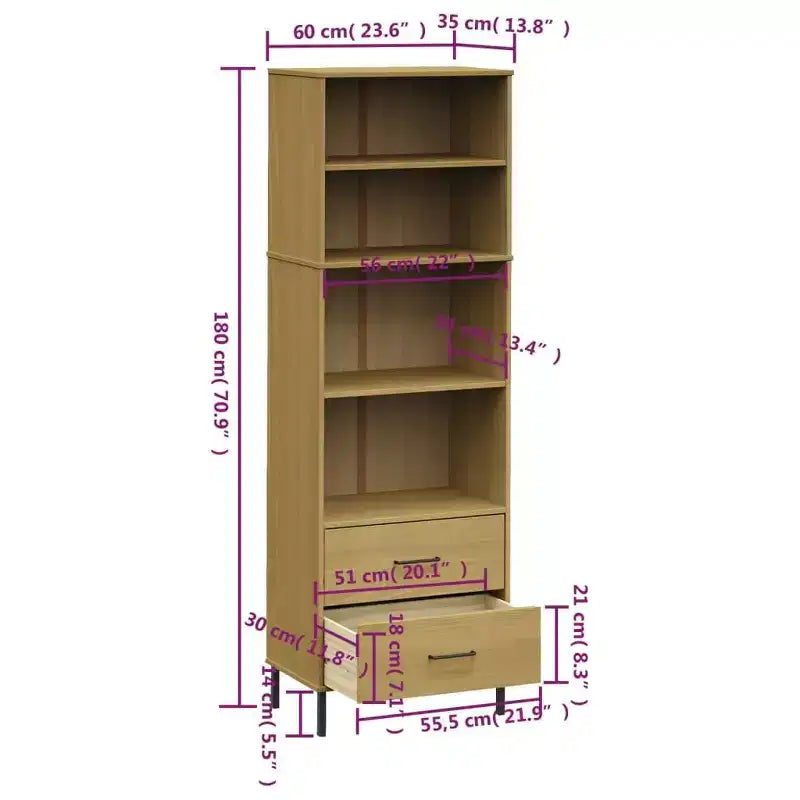 vidaXL Étagère Bibliothèque avec 2 Tiroirs Armoire de Rangement OSLO Bois Massif - Marron