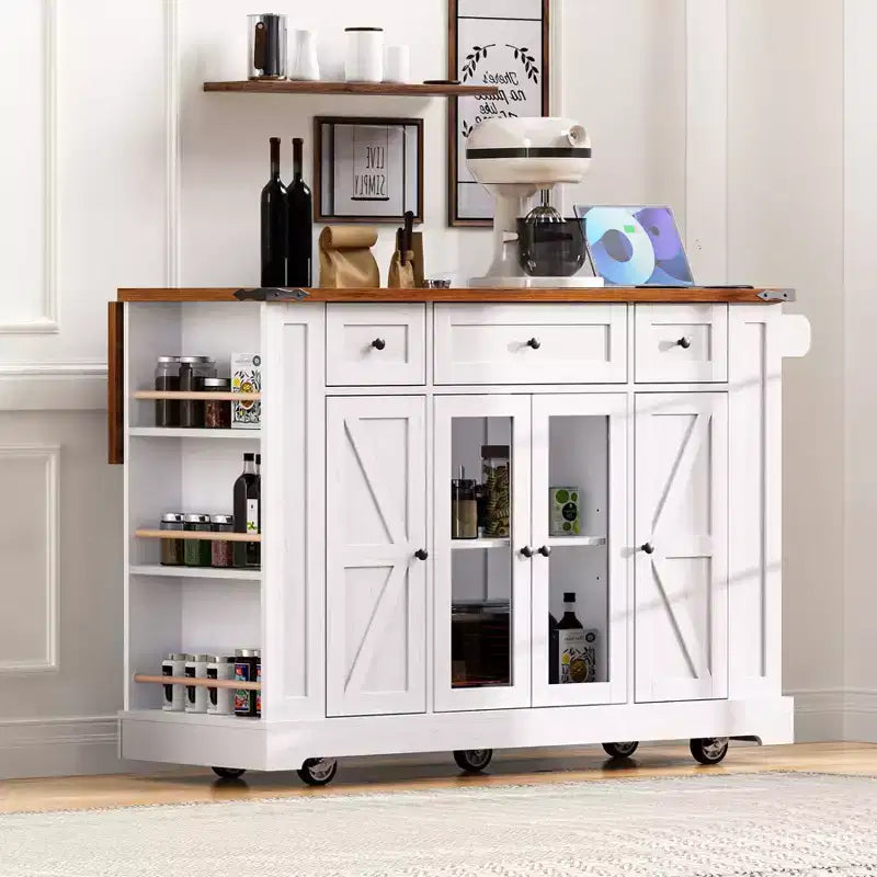 Îlot de cuisine de ferme avec abattant et roulettes, Chariot de rangement de cuisine avec tiroirs et portes vitrées, Îlot de cuisine roulant avec prise de courant