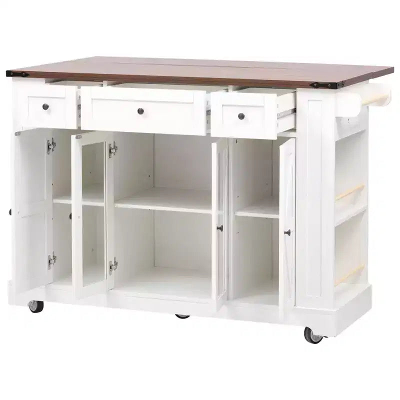 Îlot de cuisine de ferme avec abattant et roulettes, Chariot de rangement de cuisine avec tiroirs et portes vitrées, Îlot de cuisine roulant avec prise de courant