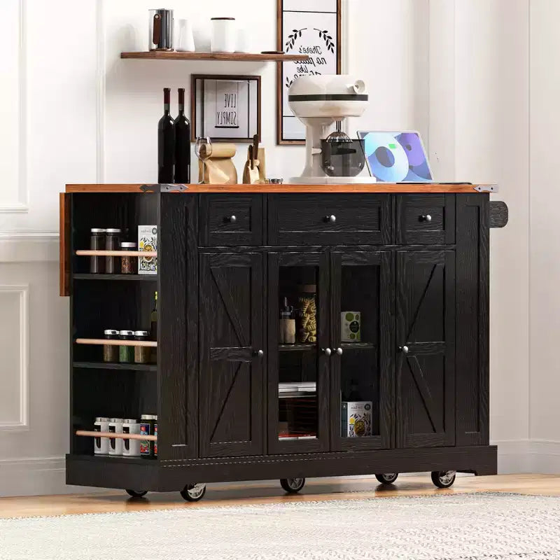 Îlot de cuisine de ferme avec abattant et roulettes, Chariot de rangement de cuisine avec tiroirs et portes vitrées, Îlot de cuisine roulant avec prise de courant